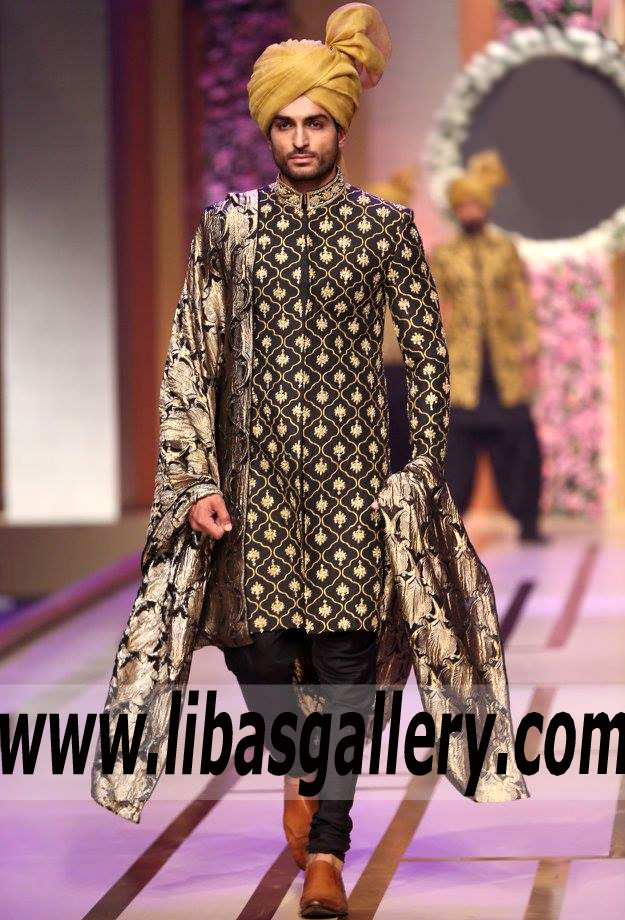 Black Embroidered Sherwani for Groom with Golden Turban Churidar for wedding philadelphia USA