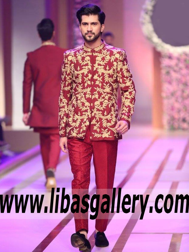 Maroon Prince Coat Embroidered for Groom Wedding Day