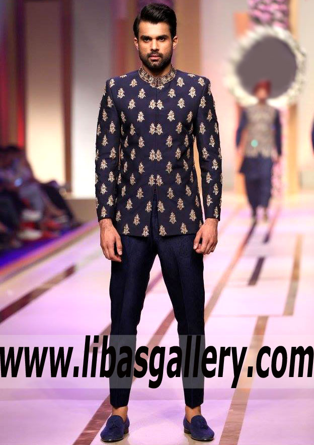 Navy Blue Prince coat Groom Sherwani for Wedding