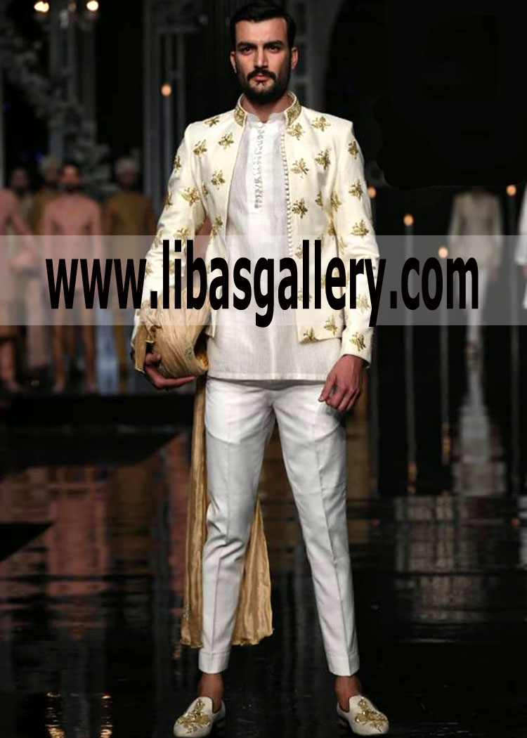 Comfortable Embroidered Off White Prince Coat 