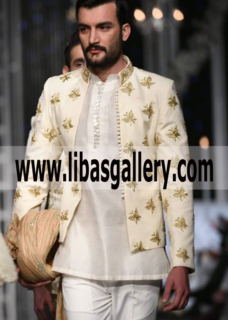 Comfortable Embroidered Off White Prince Coat 