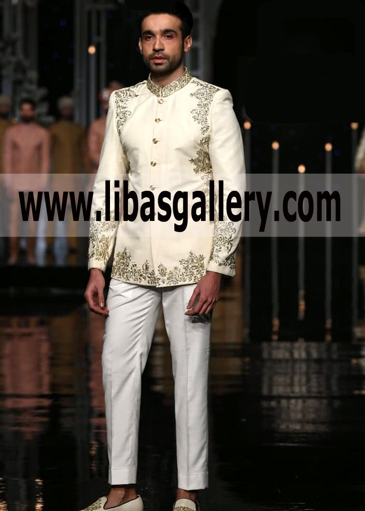 Off White Modern Groom Prince Coat Embroidered