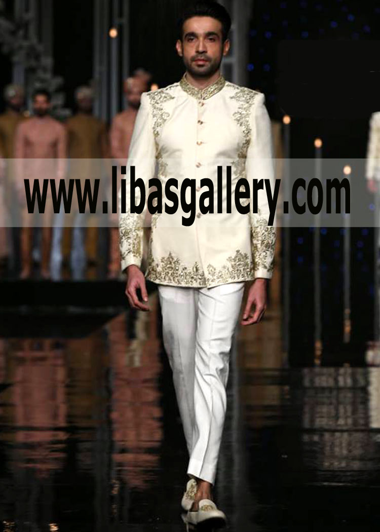 Off White Modern Groom Prince Coat Embroidered