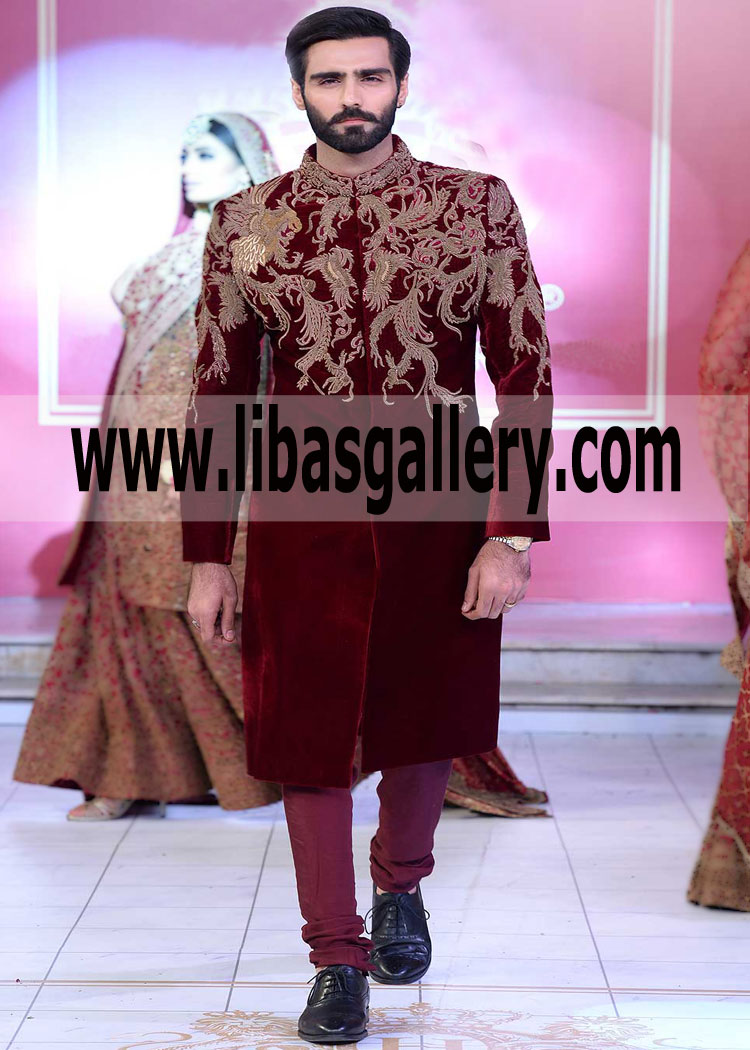 Maroon Velvet Wedding Sherwani custom made Embroidered slim fit Regular Fit UK USA Canada 