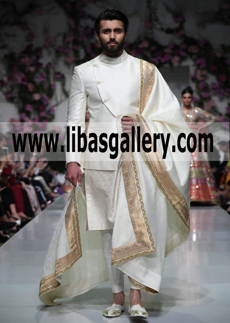 Angrakha Style Groom plain Sherwani 