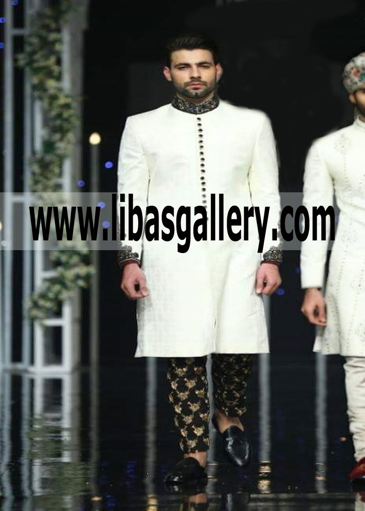 White wedding sherwani long length black zardozi embellishment collar sleeves Asian Groom 2019 Sugarland USA