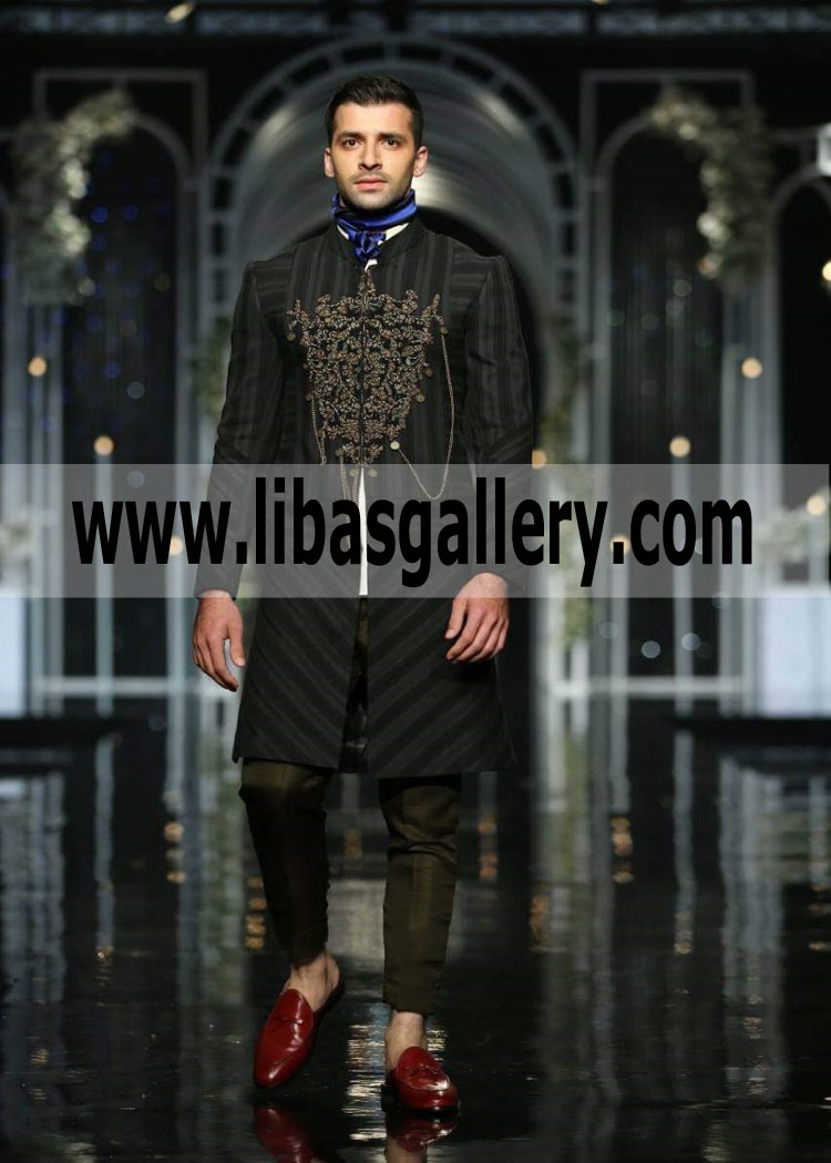 Black Wedding Sherwani Smart fitting Excited Groom Embellishment front latest design 2019 Birmingham UK