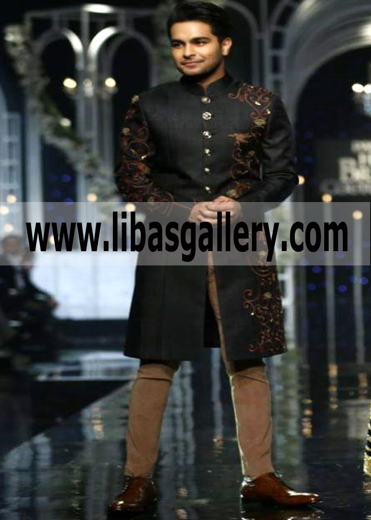 Black Wedding Sherwani beautiful Embellishment
