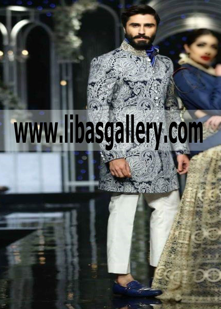 Blue Wedding Sherwani heavy embellished thread work for groom 2019 glasgow scotland Ireland Men’s wear