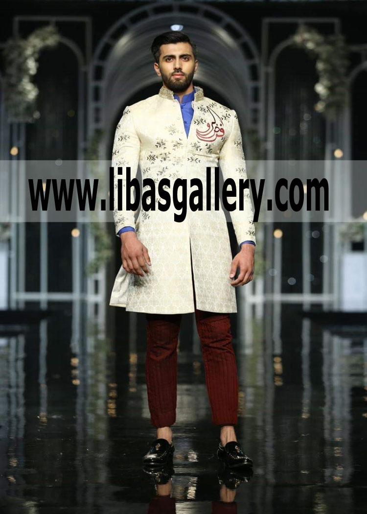 Jamawar Light color sherwani Men’s wear Pakistan for Wedding Nikah Rukhsati buy online sherwani Paypal UK USA Pakistan