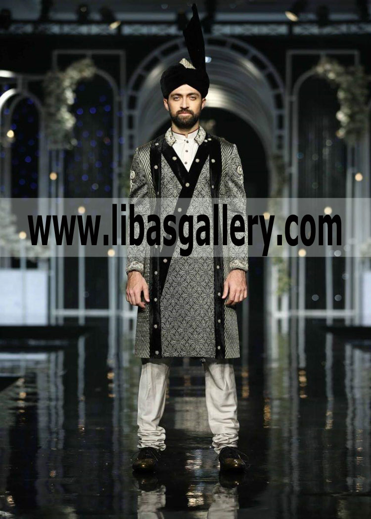 Pakistani Black Shadi Sherwani Dulha Groom Sober long sherwani Turban Full Embroidered custom made 2019 leeds Manchester UK