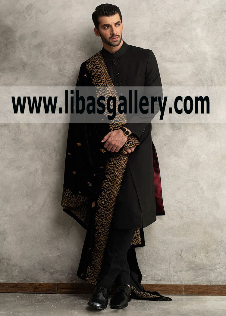 Smart Fit Wedding Sherwani Black plain