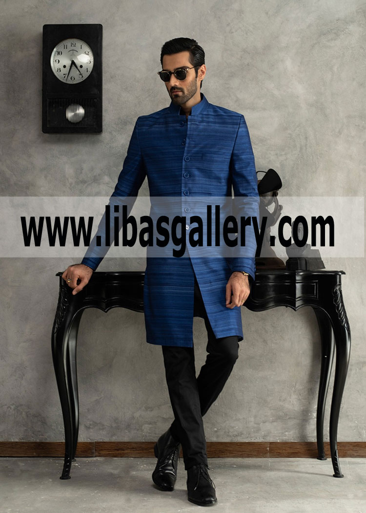 Blue textured Raw Silk Sherwani for Groom shop online wedding sherwani collection 2019 Sugarland USA