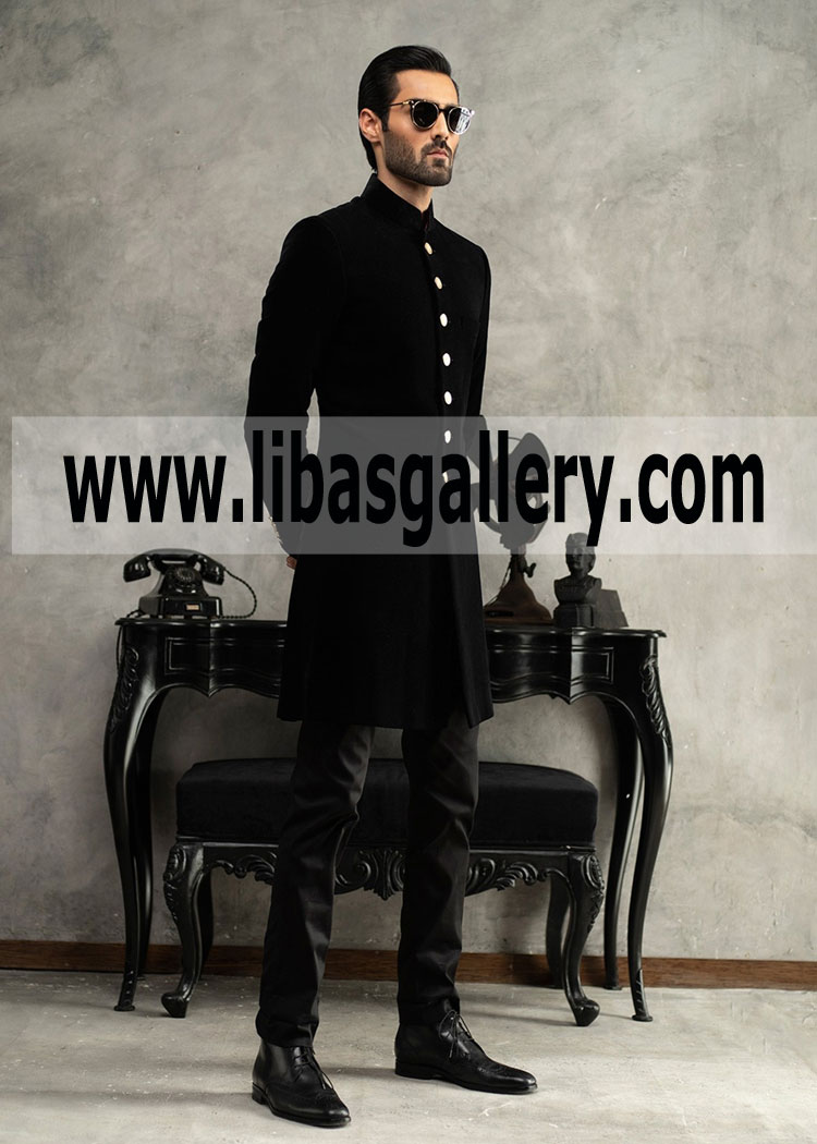 Black Short length Wedding Sherwani Velvet Fabric slim fit groom wear Velvet Sherwani Cool weather UK USA Canada