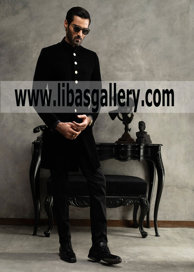 Matt Black Velvet Sherwani for Wedding