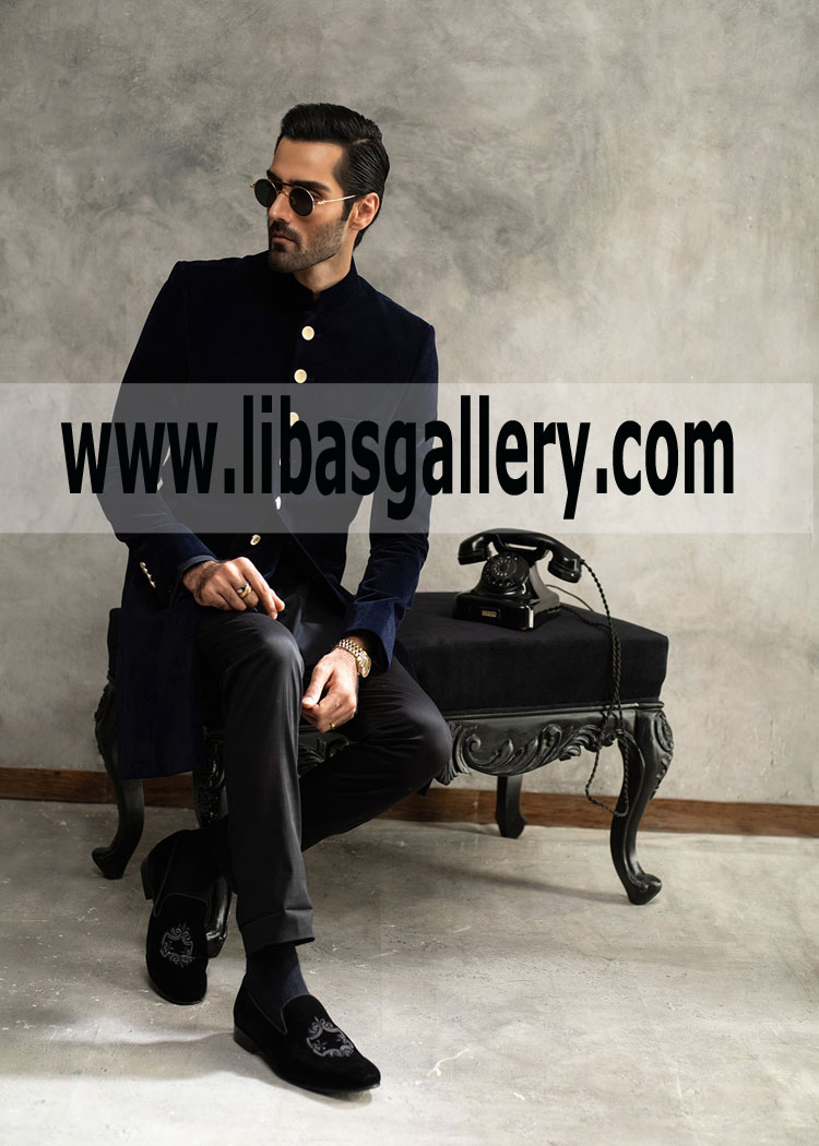 Premium Blue matt velvet Short length Wedding Sherwani for Barat Nikah Groom Dulha New York City USA