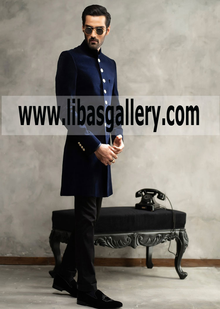 Matt Blue Wedding Sherwani Latest Design