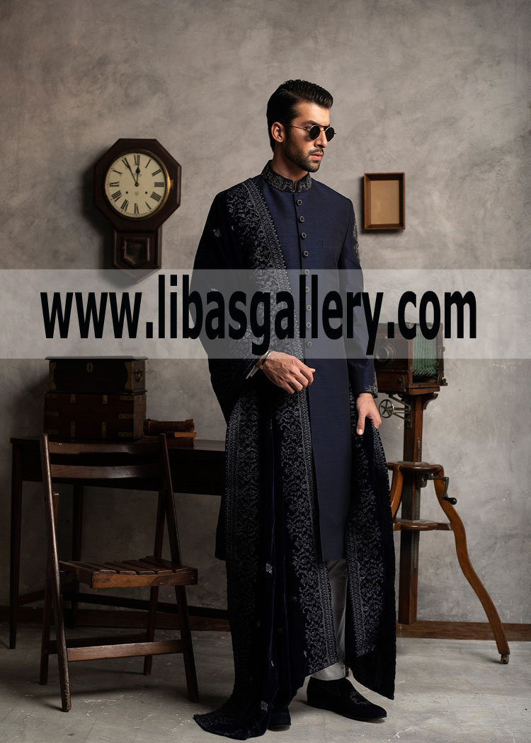 Embroidered Navy Blue Wedding Sherwani Raw Silk