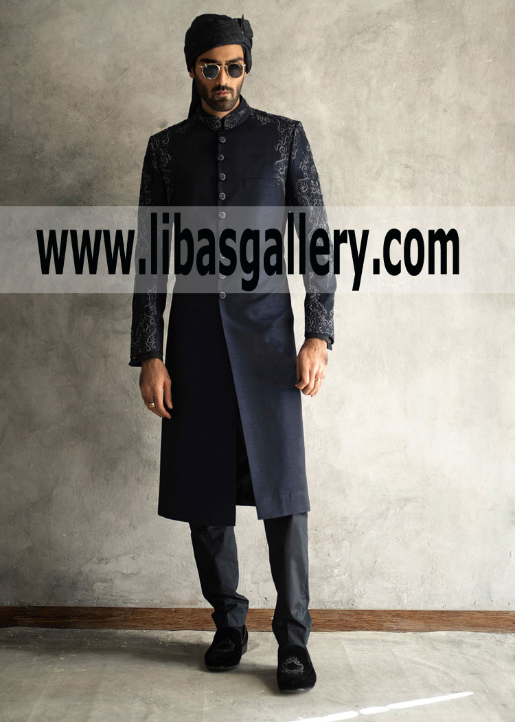 Hand Crafted Antique Buttons Navy Blue Sherwani