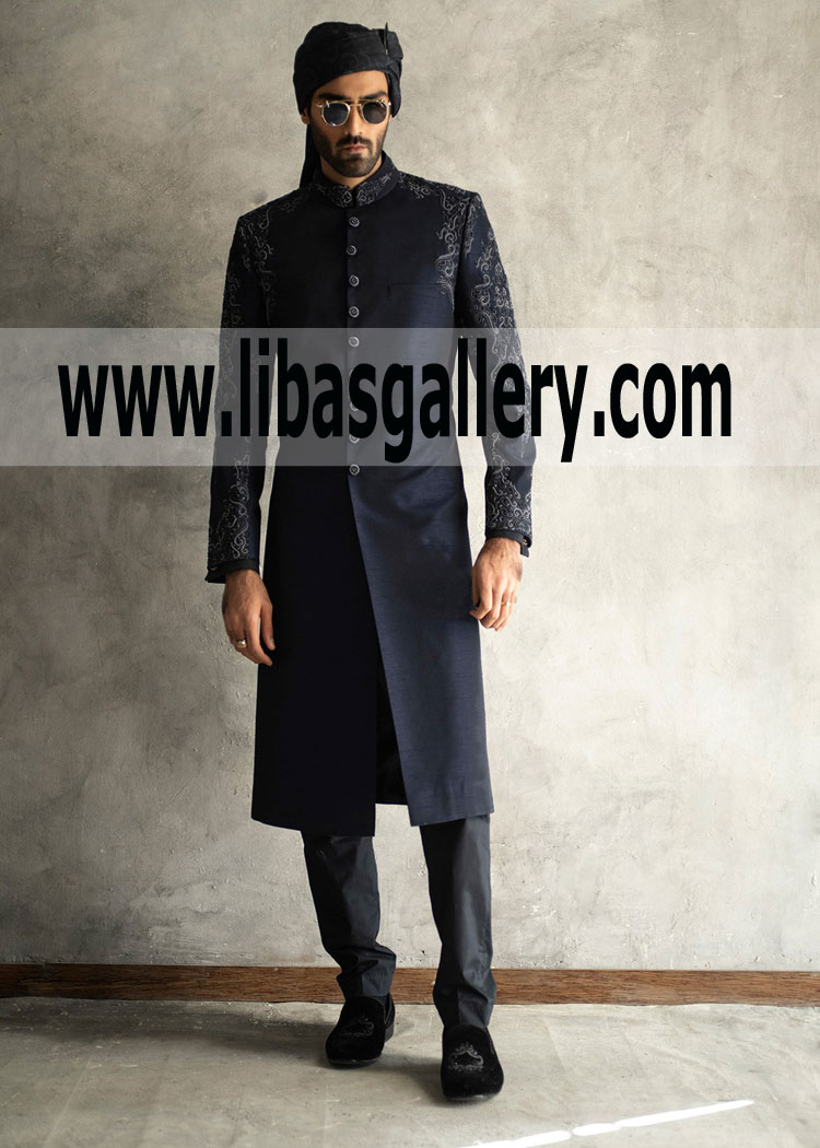 Buy hand crafted antique buttons navy blue raw silk groom sherwani Professional Tailor Stitching Walnut Street Philadelphia Texas USA