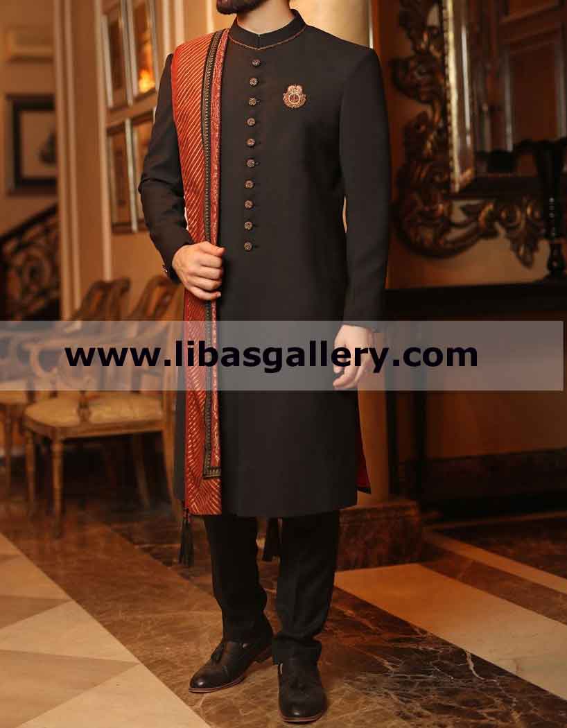 Black Suiting Fabric Wedding Sherwani for Groom