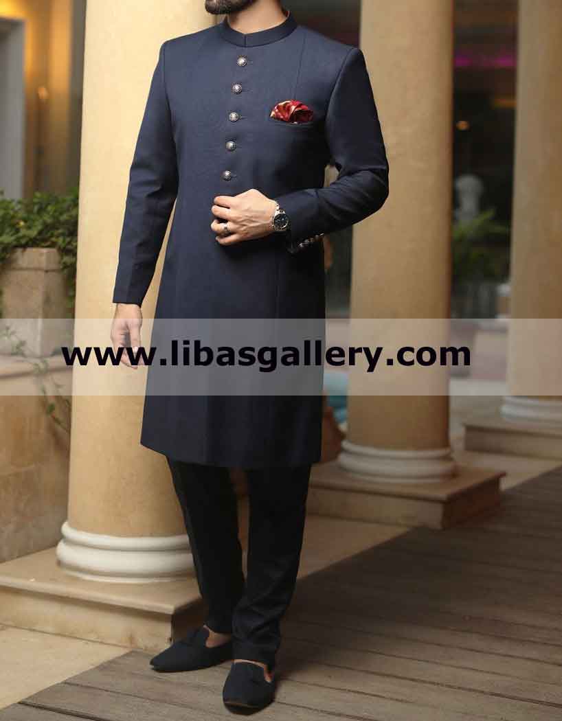 Navy Blue Suiting Fabric Groom Sherwani best price Free Shipping on specific payment method Sugarland Chicago USA