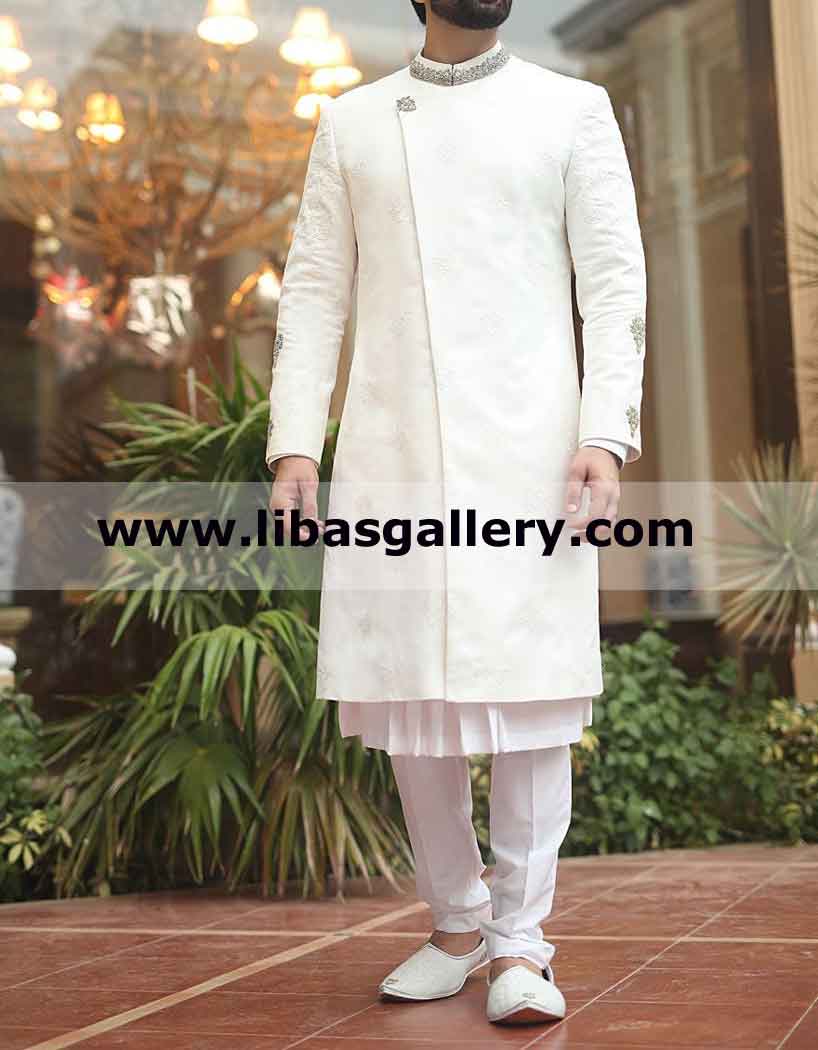 White Angrakha Style Dulha Groom Wedding Sherwani