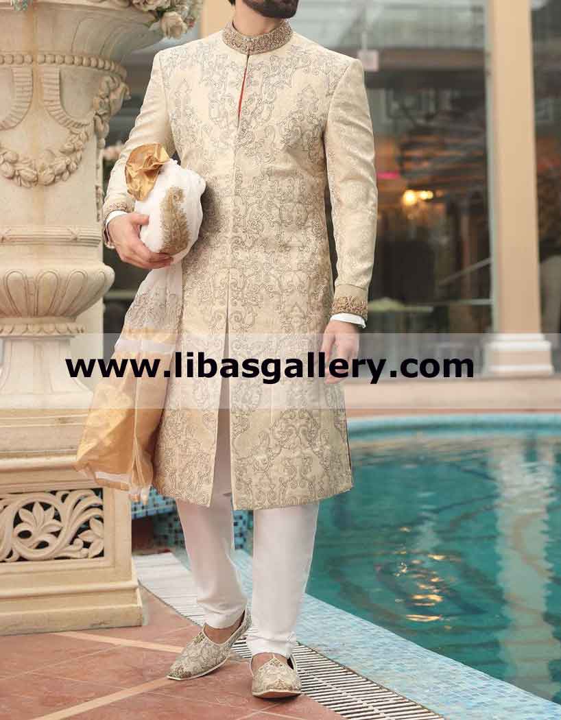 Beige Jamawar Banarsi Designer Royal Groom Sherwani