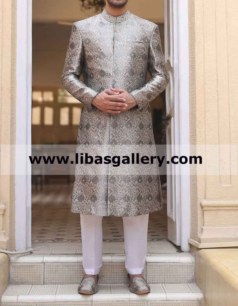 Obedient Groom Wedding Sherwani jamawar Fabric