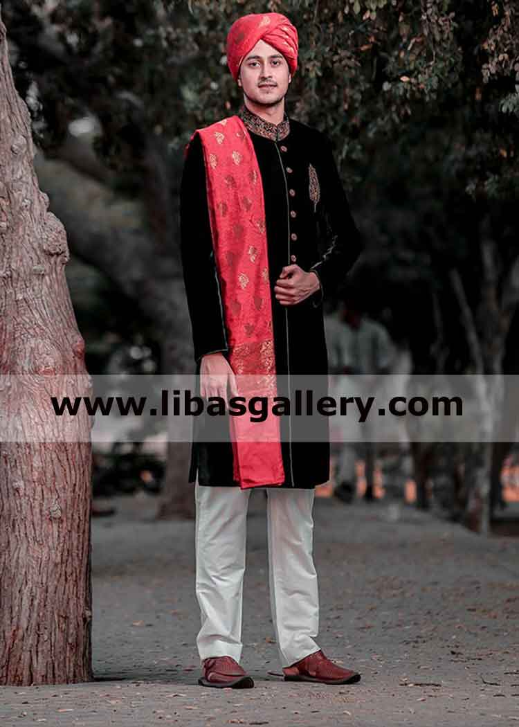 Velvet embellished Zardozi work Sherwani Groom waiting for bride After Nikah UK USA Canada