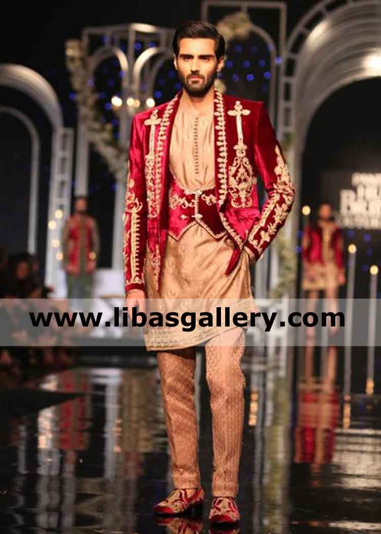 Maroon Velvet Hand Embellished Jacket for Groom lavish Ethnic Ensemble New york Texas USA