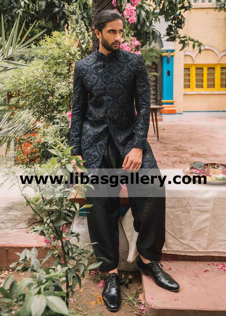 Groom photo shoot in Embroidered Black Sherwani 