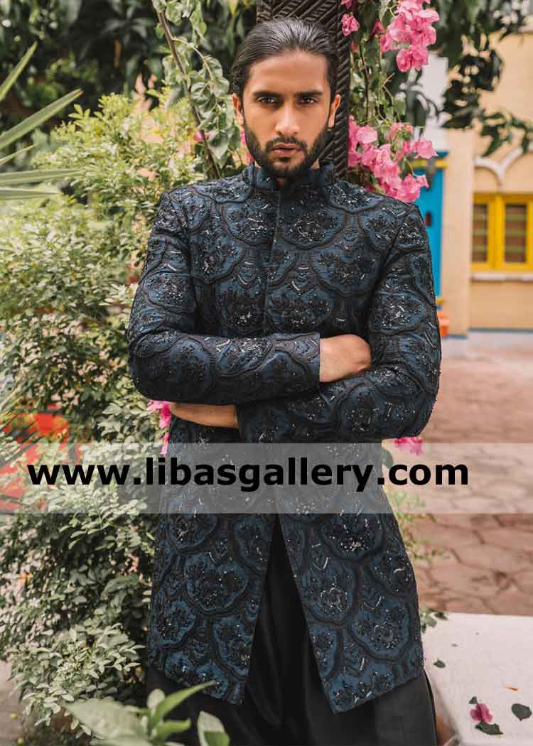 Groom photo shoot in Embroidered Black Sherwani 