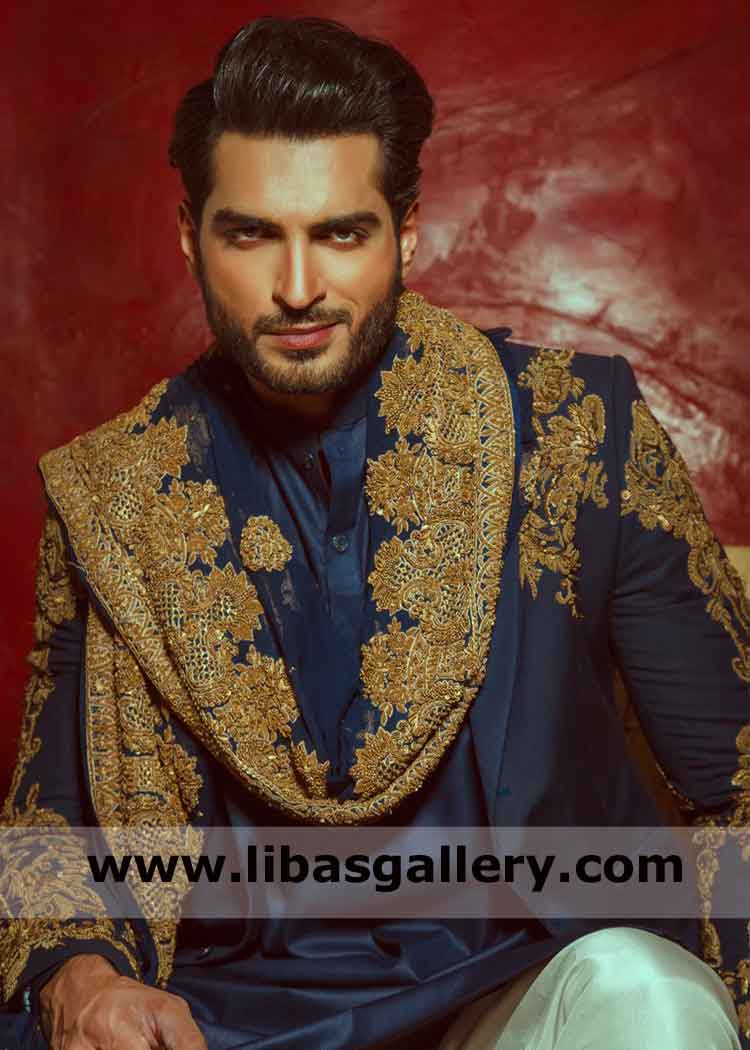 Blue Wedding Prince Coat Gold work