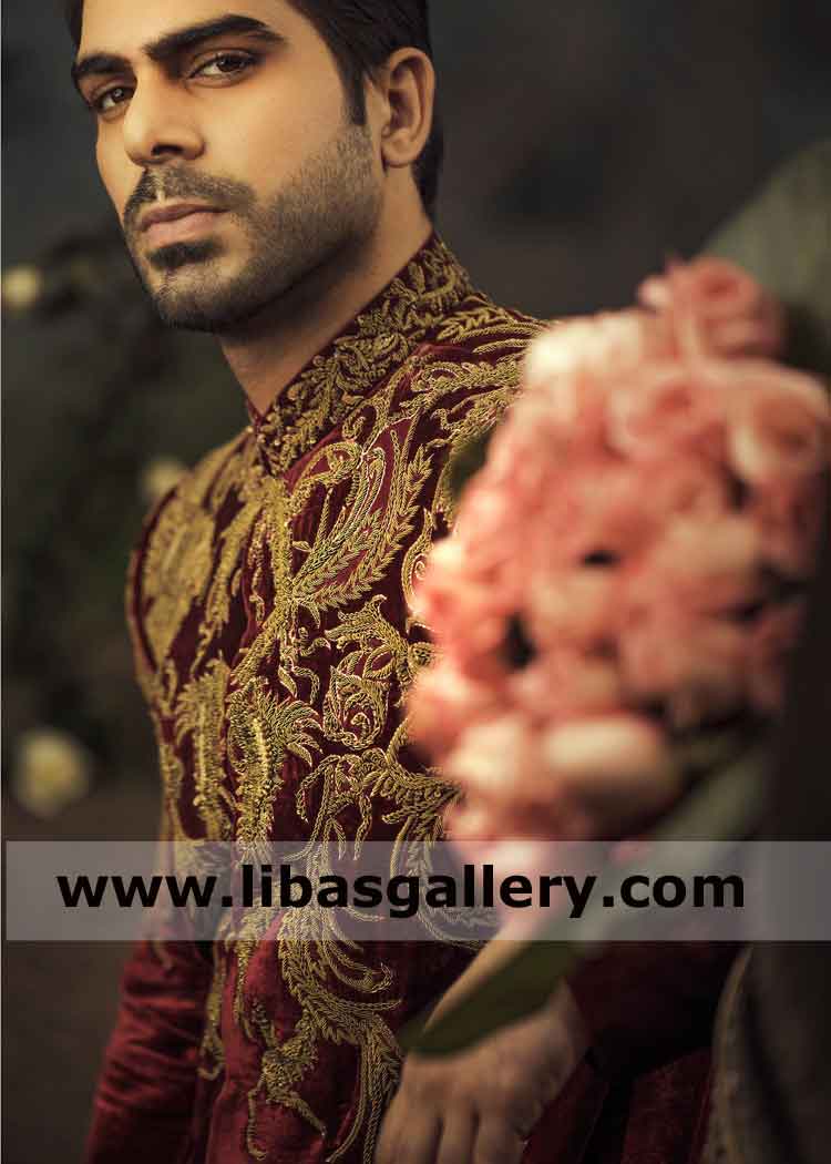 Velvet maroon sherwani for tall business man groom for nikah barat UK USA Canada