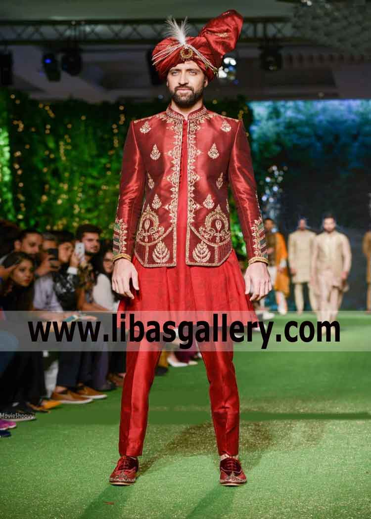 Red Velvet Winter Wedding Sherwani for Groom