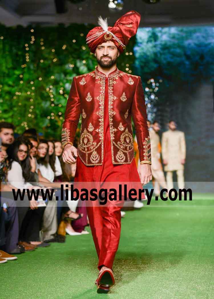 Red Velvet Winter Wedding Sherwani for Groom