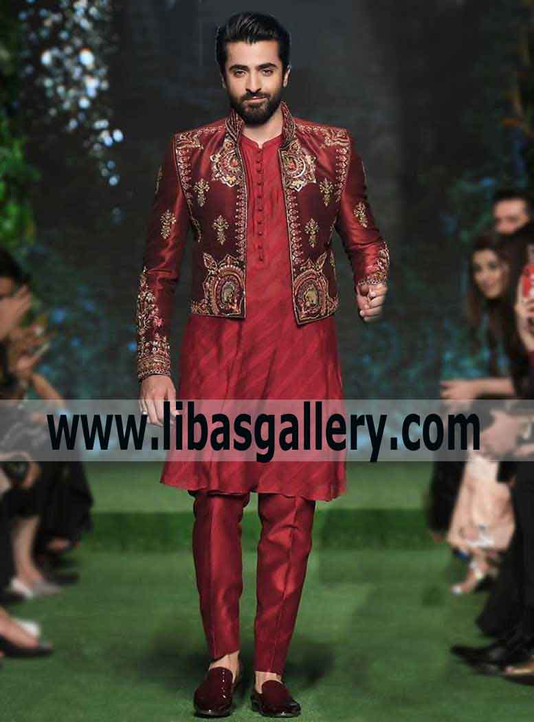 Red Short length Indo western Style Groom Prince Coat