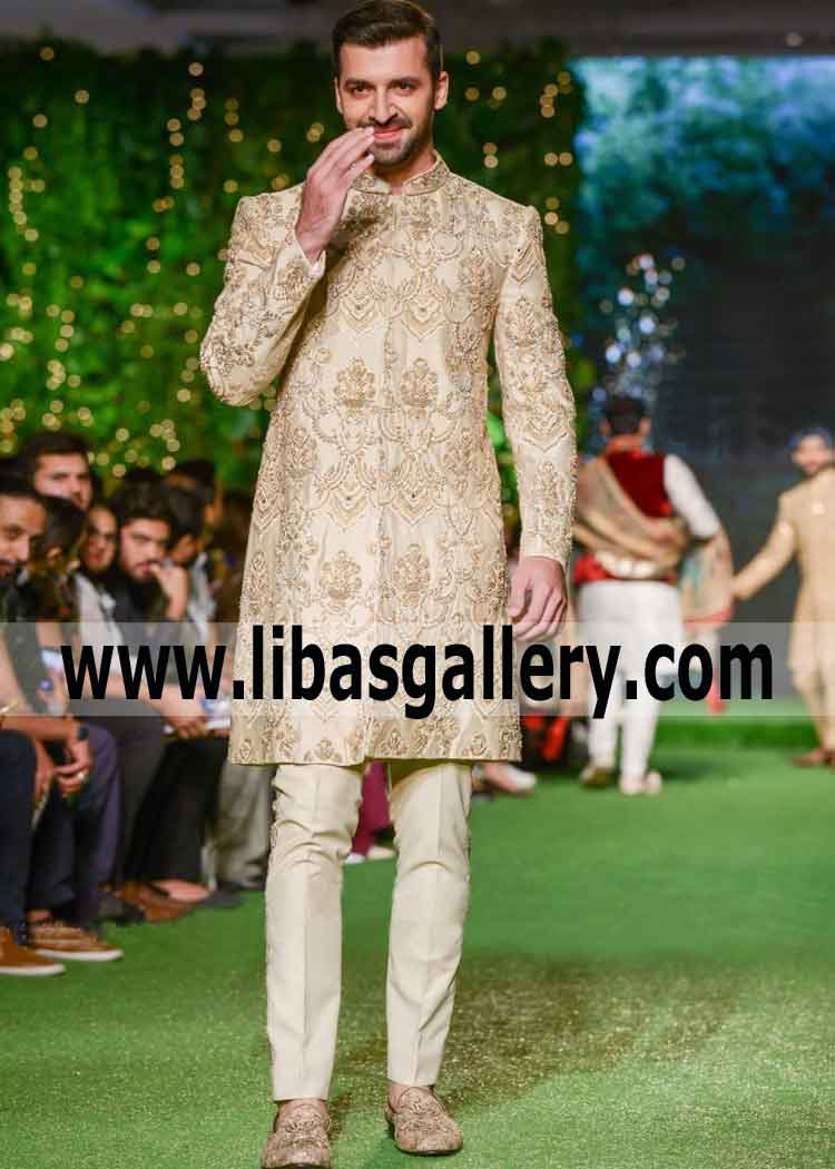 Groom Saying Salam in Embellished Wedding Sherwani