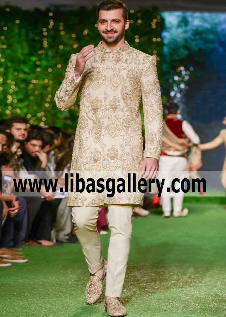 Groom Saying Salam in Embellished Wedding Sherwani
