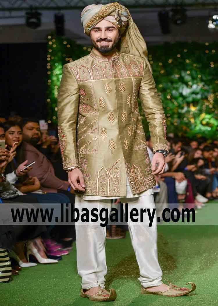 New Stylish Groom Bearded Smiling in Embellished Wedding Sherwani with Turban Khussa matching Perth Sydney Australia