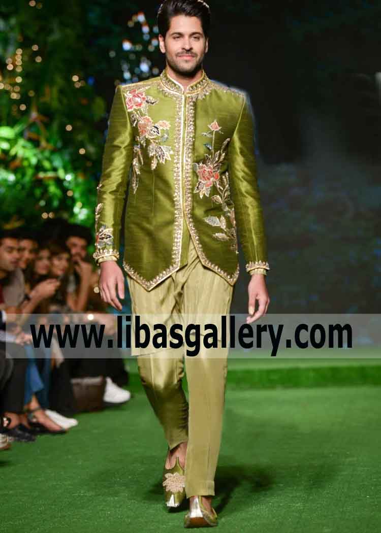 Embellished Wedding prince coat for groom modern cuts hand work on collar front cuffs shop online Leeds Glasgow Scotland