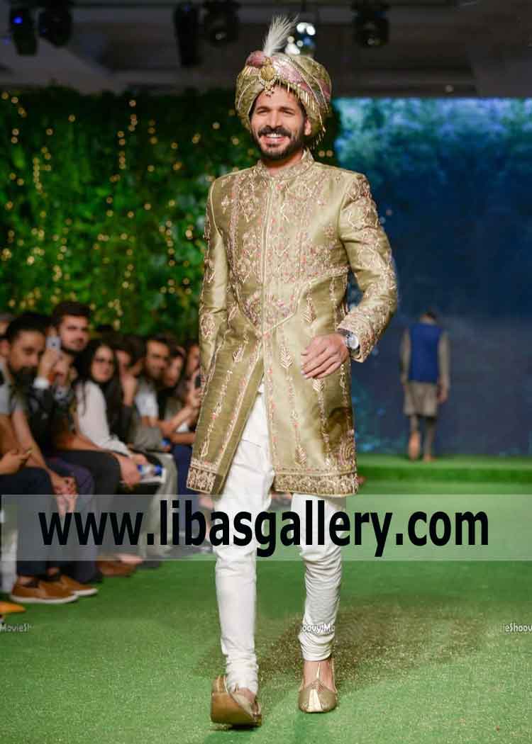 Stunning Barat Wedding Sherwani with Feather Turban