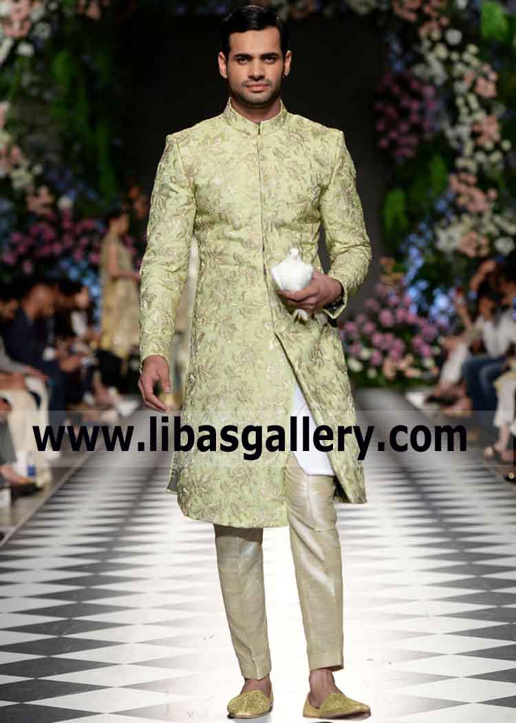 Pistachio Gold Embroidered Wedding Sherwani 2019 Slim Groom Dulha ready to attend Nikah Ceremony Kuwait Qatar Saudi Arabia