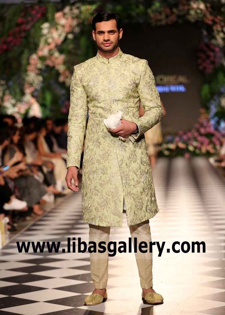 Pistachio Gold Embroidered Groom Wedding Sherwani