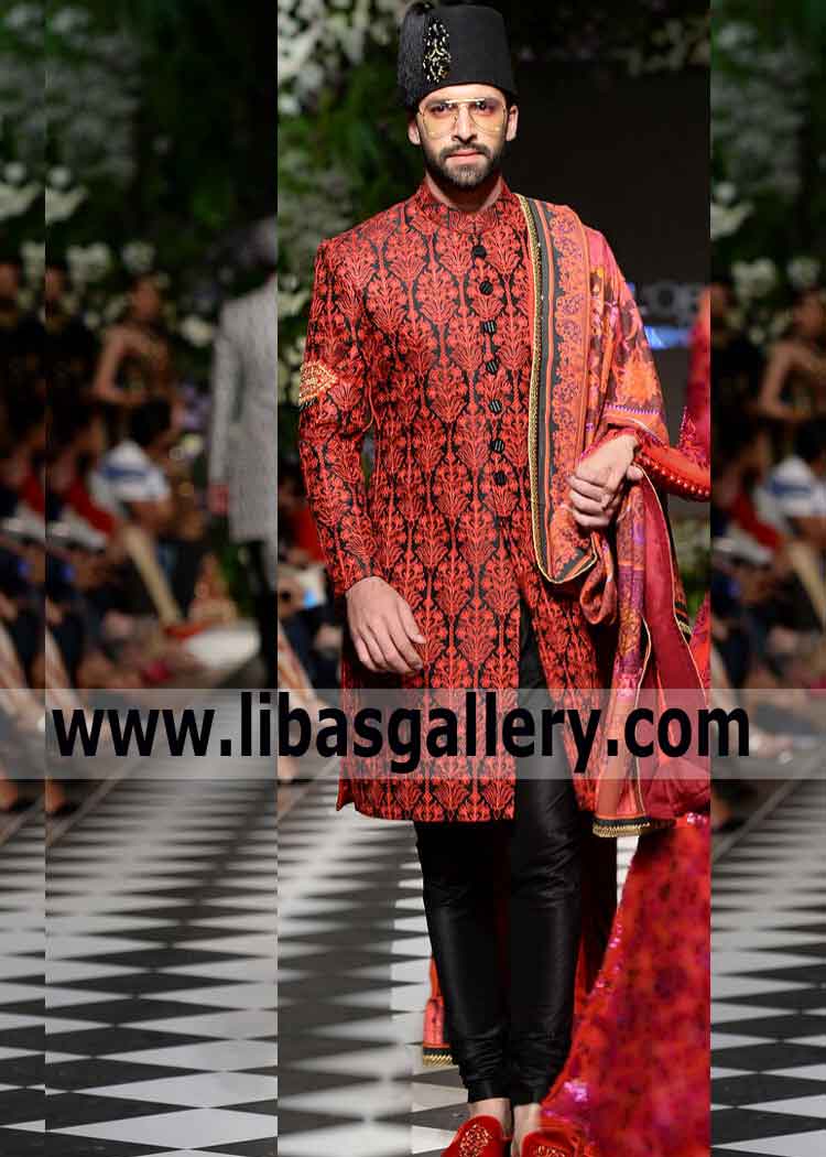 Black wedding sherwani for men embroidered and nice hand work motifs on sleeves Saudi Arabia Jeddah Riyadh Dammam