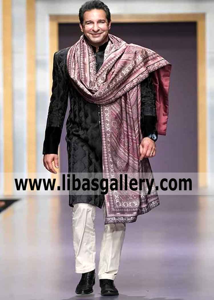 Black Embroidered sherwani velvet sleeves Wasim Akram Cricketer FPW in happy mood UK USA Canada Australia Dubai