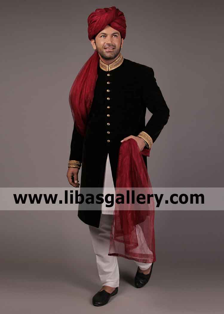 Good looking Groom wearing Black Velvet Sherwani