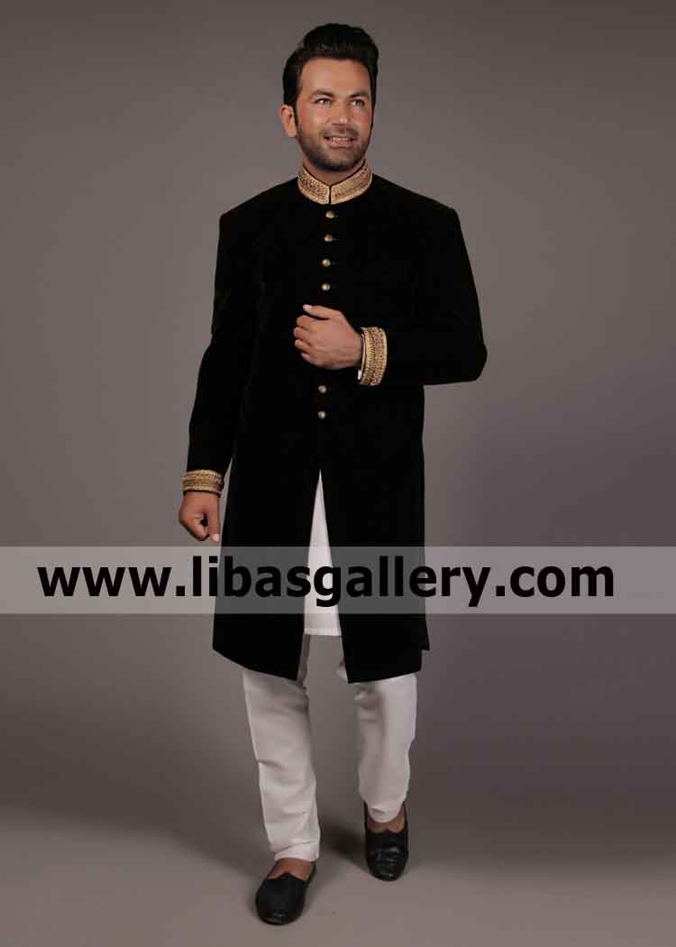 Good looking Groom wearing Black Velvet Sherwani