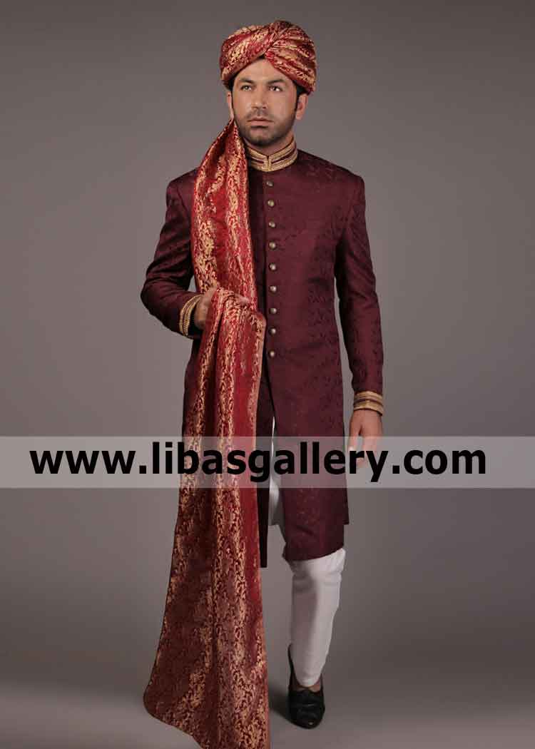 Self jamawar Stylish Scarlet Groom Wedding Sherwani